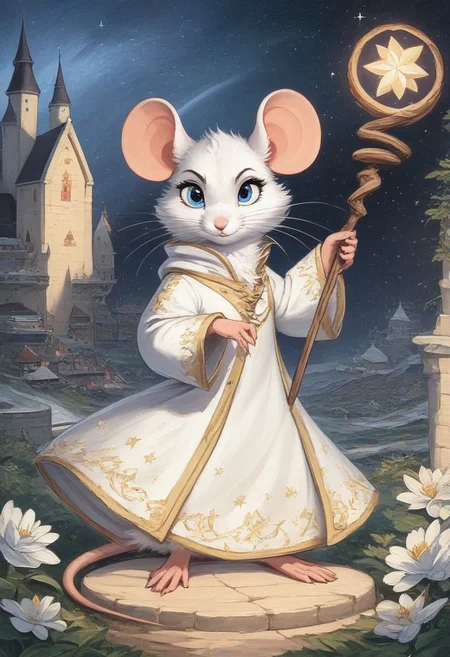 score_9, score_8_up, score_8, solo, (fluffy:1.0), (feral), outdoors, toes, furry, (((mouse)), female, chest, claws, (fluffy cheeks:1.0), fantasy, (white wizard robes), priestess, in the style of beatrix potter, (solo:2), magic pose, holding white fantasy wizard staff, serious expression, medieval, fluffy fur, (white fur), long whiskers, ice blue eyes, medieval castle, Thomas Kinkade style, sparkles, stars, nightsky, celestial, stars on robes, sparkling robes, celestial robes, star magic
