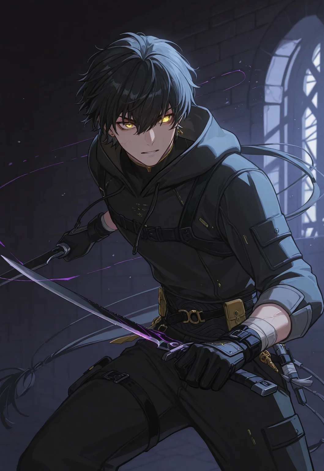masterpiece, best quality, high quality
mlwuter, 1boy, male focus, solo, yellow eyes, black hair, bangs, hair between eyes, long hair, low ponytail, ring hair extensions, jewerly, earrings, assassin clothes, hoody wear,
inside a dungeon, fight mode, fight position, holding black bladed daggers, yellow eye trail,
assassin dagger, purple trail, one edge dagger,
facing with a dragon