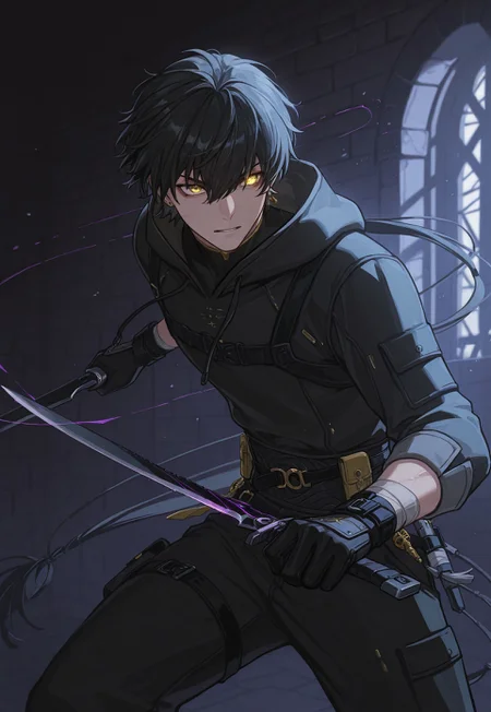 masterpiece, best quality, high quality
mlwuter, 1boy, male focus, solo, yellow eyes, black hair, bangs, hair between eyes, long hair, low ponytail, ring hair extensions, jewerly, earrings, assassin clothes, hoody wear,
inside a dungeon, fight mode, fight position, holding black bladed daggers, yellow eye trail,
assassin dagger, purple trail, one edge dagger,
facing with a dragon