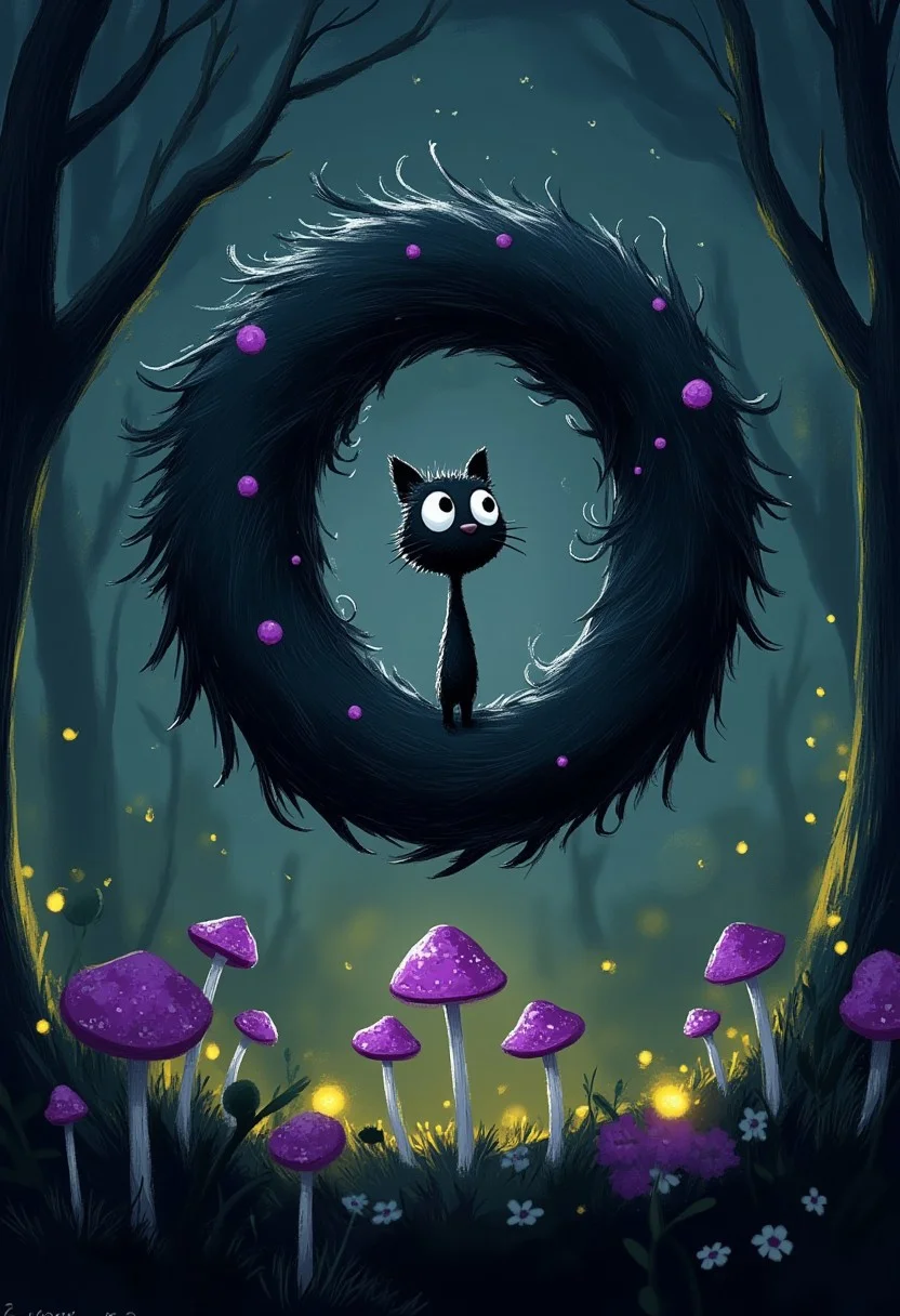 A whimsical illustration of a thin black cat with wild tattered fur in dark whimsical art style, coiled into an impossible spiral shape while contemplating a glowing purple mushroom, digital painting with mysterious brushstrokes showing shadows and light, dark forest background with distant lights, characteristic Tim Burton inspired design with enormous sapphire eyes holding ancient wisdom