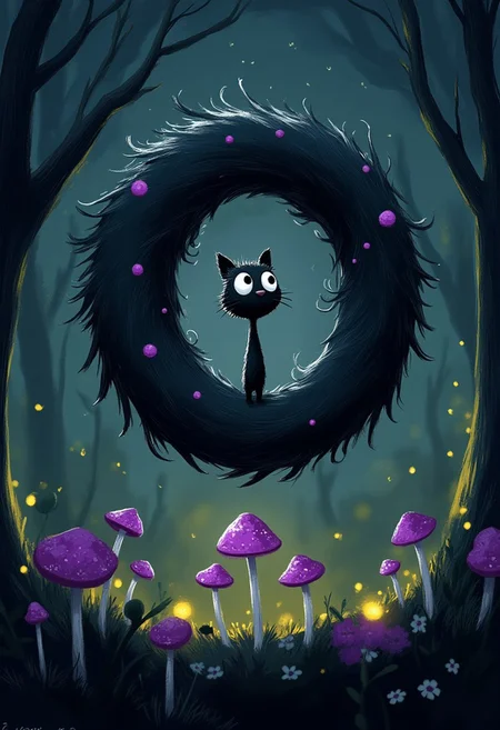 A whimsical illustration of a thin black cat with wild tattered fur in dark whimsical art style, coiled into an impossible spiral shape while contemplating a glowing purple mushroom, digital painting with mysterious brushstrokes showing shadows and light, dark forest background with distant lights, characteristic Tim Burton inspired design with enormous sapphire eyes holding ancient wisdom