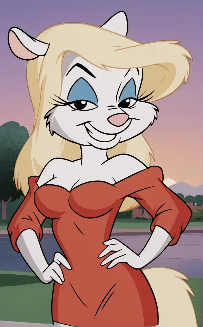 score_9, score_8_up, score_7_up, contrapposto, hand on hip, sunset, sidelighting, cityscape, vanishing point, outdoors, depth of field, solo, looking at viewer, <lora:PONYXL_Animaniacs_MinervaMink_ownwaifu:1>, BREAK RedDressBareShoulders_MinervaMink_ownwaifu, 1girl, blue eyeshadow, eyelashes, furry female, mouse girl, pink nose, snout, blonde hair, animal ears, bare shoulders, red dress, white fur, body fur, animal nose, off shoulder, white skin, long hair, medium breasts, black eyes, long sleeves, off-shoulder dress, makeup, cleavage, short dress, strapless dress, legs, short sleeves, collarbone, colored skin, red sweater, pencil dress, fox tail, mouse ears, puffy sleeves, red sleeves, <lora:add-detail-xl:0.15>,