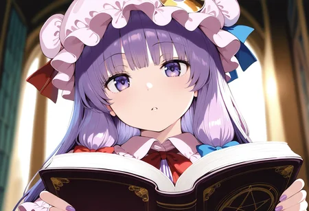 masterpiece, best quality, amazing quality, very aesthetic, absurdres,<lora:NUS(noobai vpred)0.1v:1>,
1girl, patchouli knowledge, purple hair, solo, book, hat, crescent hat ornament, mob cap, crescent, purple eyes, holding book, long hair, holding, hat ornament, indoors, looking at viewer, open book, red ribbon, bow, blurry background, ribbon, parted lips, red bow, purple nails, pink headwear, hair bow, blue bow, hat ribbon, blue ribbon, nail polish, blunt bangs, upper body, purple headwear, portrait, hair bun, dress