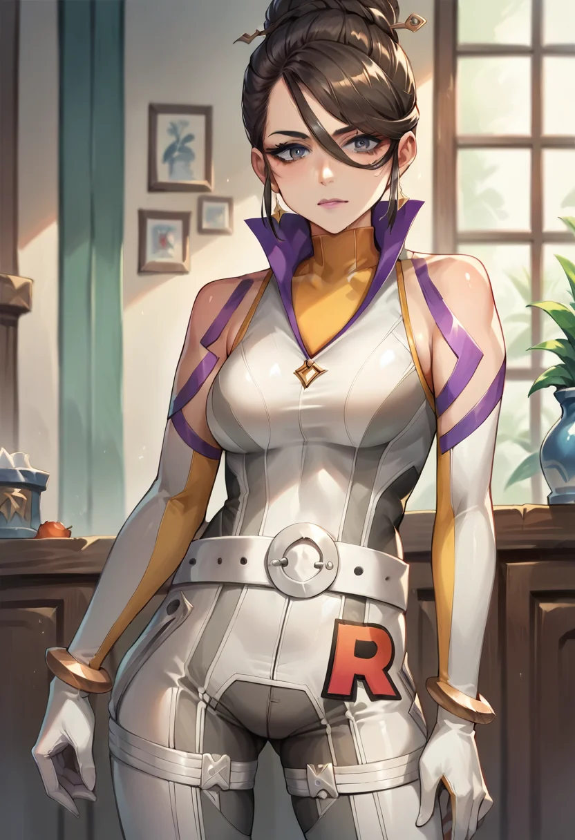 score_9, score_8_up, score_7_up, source_anime, masterpiece, 1girl, ct_s1erra, medium breasts, yellow turtleneck, white bodysuit, elbow gloves, logo, white belt, bracelet, looking at viewer, indoors, depth of field, shiny skin, cowboy shot, skin tight, simple background, <lora:Sierra_pokemongo_ct:1>
