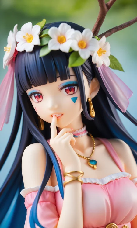1girl,
real world location, photo background, the real background, multicolored eyes, solo, flower, jewelry, long hair, necklace, bracelet, hair flower, black hair, looking at viewer, hair ornament, upper body, teeth, multicolored hair, blunt bangs, finger to mouth, hand up, collarbone, makeup, choker, fingernails, parted lips, eyeshadow, red eyes, blue hair, white flower, gradient eyes, camellia, bare shoulders, branch, finger in own mouth, facial mark, leaf,
A young woman with long black hair and a flower crown on her head. she is wearing a pink dress with a gold necklace and earrings. the background is blurred, but it appears to be an outdoor setting with trees and flowers. the woman is holding a small bird in her hand and is looking off to the side with a thoughtful expression on her face. the overall mood of the image is peaceful and serene.
score_9, score_8_up, score_7_up, source_anime