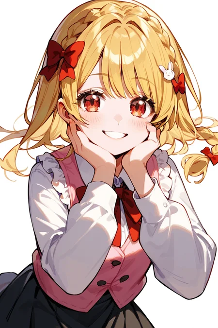score_9, score_8_up, score_7_up, score_6_up, 1girl,
<lora:Aimoto_Rinku:0.8> rinku, blonde hair, smile, braid, red eyes, rabbit house uniform, simple background, pink vest, black skirt, red bow, long sleeves, hand on cheek, hair ornament,