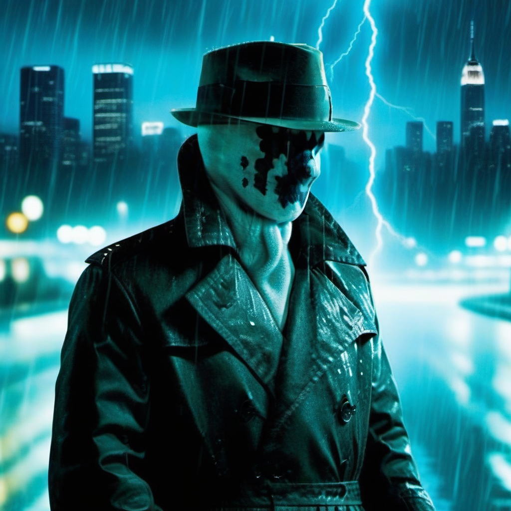 cinematic photo, Rorschach1024, a man with a hat, night, rain, storm, lightning, city background, . 35mm photograph, film, bokeh, professional, 4k, highly detailed <lora:Rorschach1024:0.8>