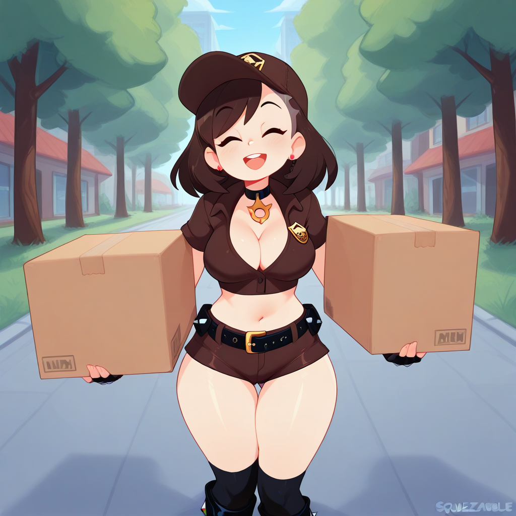 source_western, cowboy shot, (drawn by Scott Malin, drawn by Squeezable \(squeezabledraws\), drawn by Fizintine), marnie\(pokemon\), happy open mouth smile, happy eyes closed,
<lora:UPS_Delivery_Girl_Outfit_Illustrious:1>  USPgirl, dark brown hat with gold badge emblem, skin tight dark brown cropped short sleeve professional shirt with a gold badge emblem, cleavage, skin tight dark brown lowleg micro shorts, black fingerless gloves, belt, over knee black socks, boots, skin tight clothes, dark brown clothes, bare thighs, midriff, 
outdoors ,city street, trees, carrying one cardboard box in front of herself with both hands,