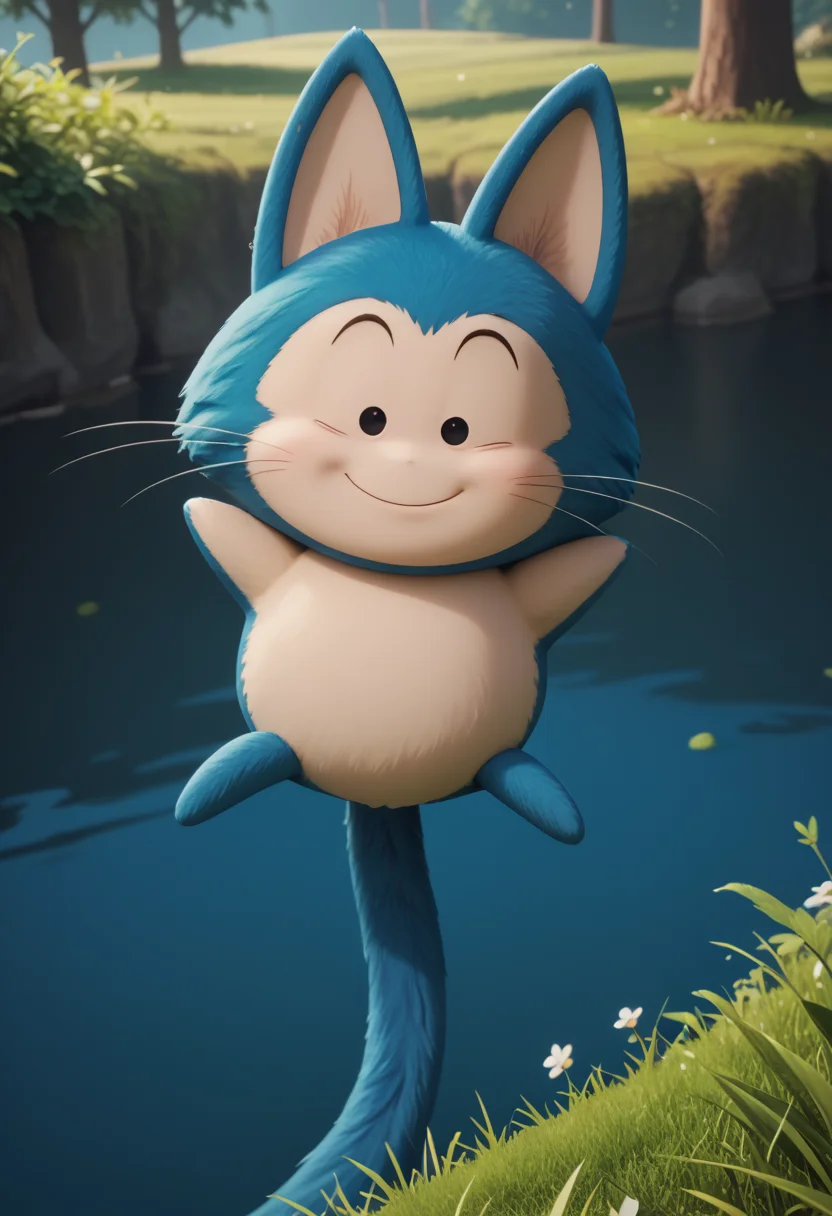 score_9, score_8_up, score_7_up, ,solo,3d,puar, no humans, creature,(no sclera), two-tone fur, blue fur,body fur,furry,black eyes, floating, tail,cat ears, looking at viewer, cascade, water, tree,grass, smile,hand up,no nose, whiskers, arms up,brown sclera, <lora:YamchaPony:1>