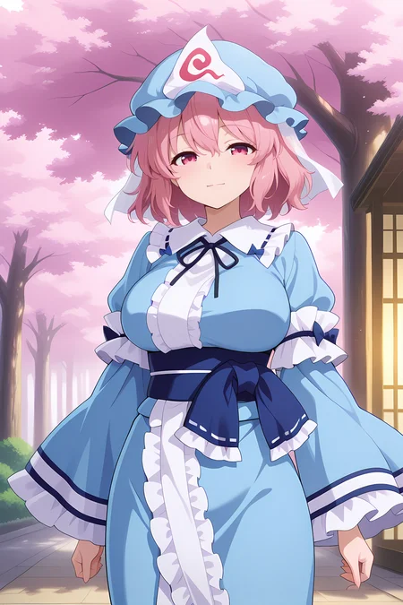absurdres, highres, masterpiece, best quality, amazing quality, official anime artwork, screencap, anime screencap, outdoors, looking at viewer, light smile, dynamic pose, sakura tree, 
 <lora:Yuyuko-Saigyouji_IllustriousV2:1> saigyouji yuyuko, 1girl, solo, pink eyes, pink hair, short hair, medium large breasts,, mob cap, triangular headpiece, blue kimono, long sleeves,  wide sleeves, sash, ribbon,