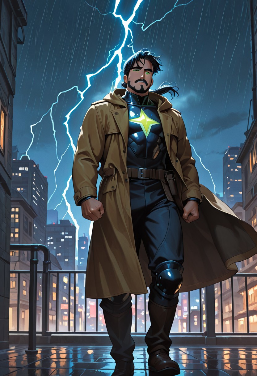(masterpiece), best quality, 1boy, mbti_enfj, mature man, muscle man, green eyes, black-tied hair, facial hair, city rooftop, night cityscape, heroic stance, urban protector, vigilant gaze, windblown coat, dynamic shadows, glowing city lights, rainy street reflection, hopeful atmosphere, strong jawline, intense focus, lightning flash, steam from vents, distant sirens