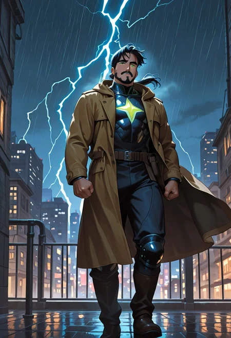 (masterpiece), best quality, 1boy, mbti_enfj, mature man, muscle man, green eyes, black-tied hair, facial hair, city rooftop, night cityscape, heroic stance, urban protector, vigilant gaze, windblown coat, dynamic shadows, glowing city lights, rainy street reflection, hopeful atmosphere, strong jawline, intense focus, lightning flash, steam from vents, distant sirens