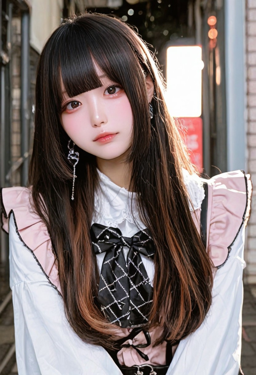 jirai kei, jiraikei face, a woman, solo, long hair, looking at viewer, jewelry, earrings, bangs, eyes, black hair,long sleeves, brown hair, shirt, white shirt, blunt bangs, upper body, dress, multicolored hair, closed mouth, bow, Street background,depth of field,bokeh, realistic,photorealistic,masterpiece,best quality,newest,highres,absurdres,photo,real life, real life insert, real world location, photo background