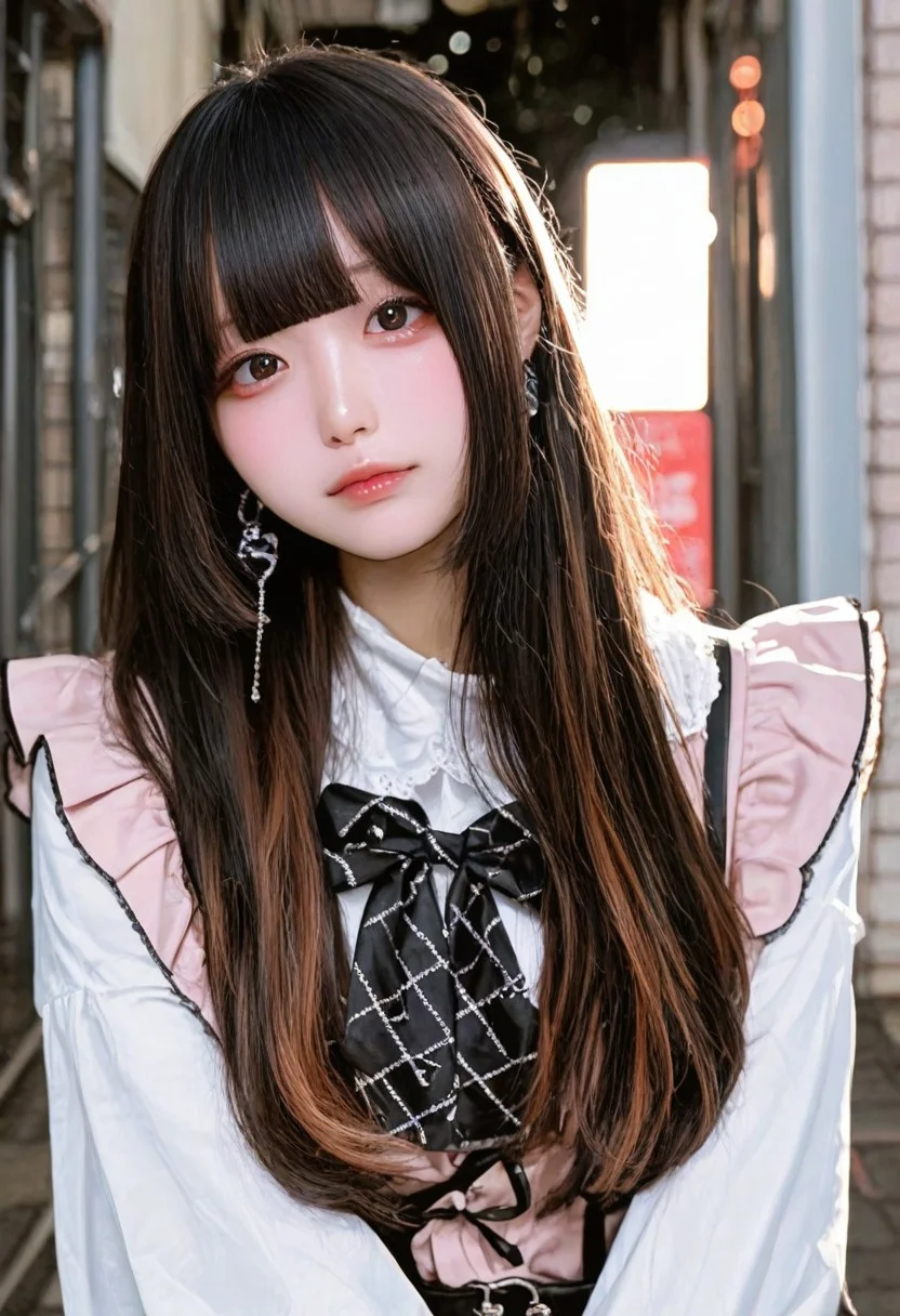 jirai kei, jiraikei face, a woman, solo, long hair, looking at viewer, jewelry, earrings, bangs, eyes, black hair,long sleeves, brown hair, shirt, white shirt, blunt bangs, upper body, dress, multicolored hair, closed mouth, bow, Street background,depth of field,bokeh, realistic,photorealistic,masterpiece,best quality,newest,highres,absurdres,photo,real life, real life insert, real world location, photo background