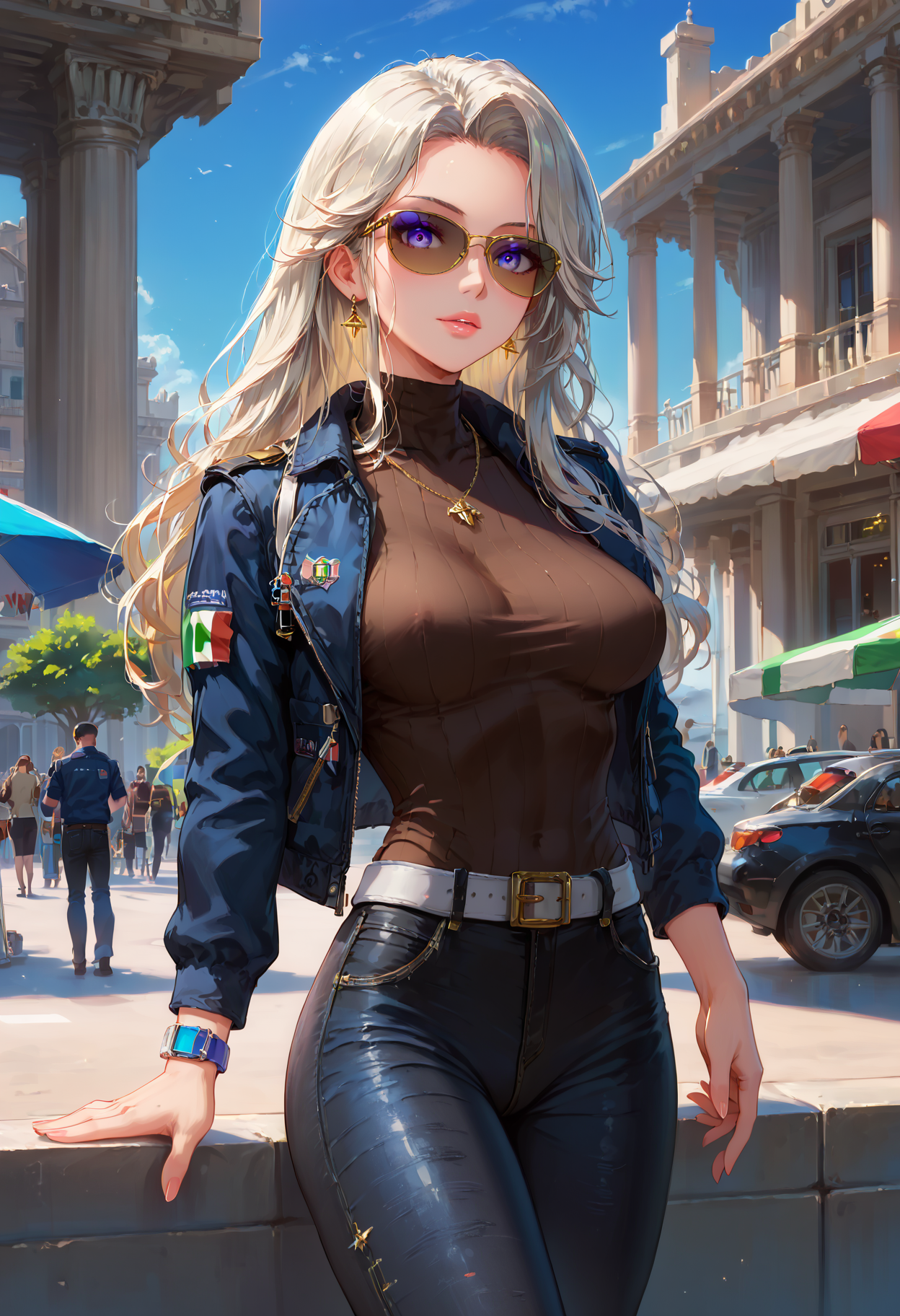 Expressiveh, c4rll4r, masterpiece, score_9, score_8_up, score_7_up, score_6_up, (neon glow, dreamlike, dreamart:1.1), perfect quality, highest quality, 8k, hyperrealistic, highest details, hdr, ultrasharp, cinematic, (perfect breasts:1.1), detailed hair, (stunning background:1.3), 1 female, (37 years old), nsfw, uncensored, epcd, aviator black sunglasses, brown sweater, denim, blue jacket, belt, wristwatch, black jeans, high heel boots, posing, elegant, sexy, seductive, tourist, (sightseeing:1.2), outdoors, (rome, italy:1.4)<lora:EnterprisePDcompleteV1 AL.safetensors:0.7000000000000001:0.7000000000000001> <lora:SDXLFaeTastic2400.safetensors:1.0:1.0> <lora:c4rll4rXLP.safetensors:0.3:0.3> <lora:incase_style_v3-1_ponyxl_ilff.safetensors:0.3:0.3> <lora:Expressive_H-000001.safetensors:0.4:0.4> <lora:sinfully_stylish_PONY_0.2.safetensors:0.2:0.2>