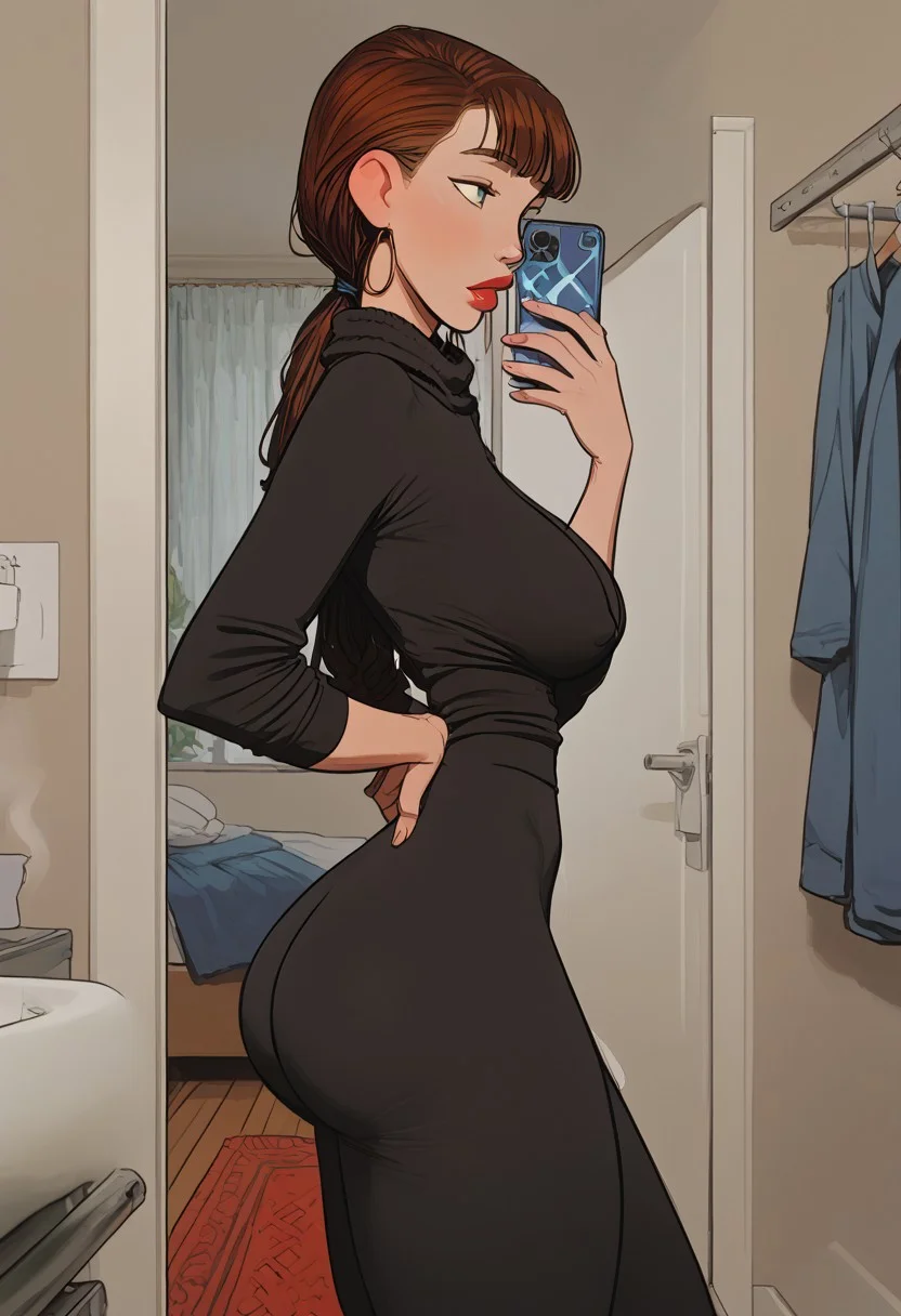 masterpiece,best quality, highly detailed, score_9, score_8_up, score_7_up, score_6_up,source_anime,
BREAK, datmom, dark green eyes, curtain bangs, 35 year old, mature woman, slim thick, thick thighs, round ass, slim, medium large breasts, sagging breasts, yoga pants, , phone, selfie, mirror, solo, pov, side view, profile view, steam, bathroom,