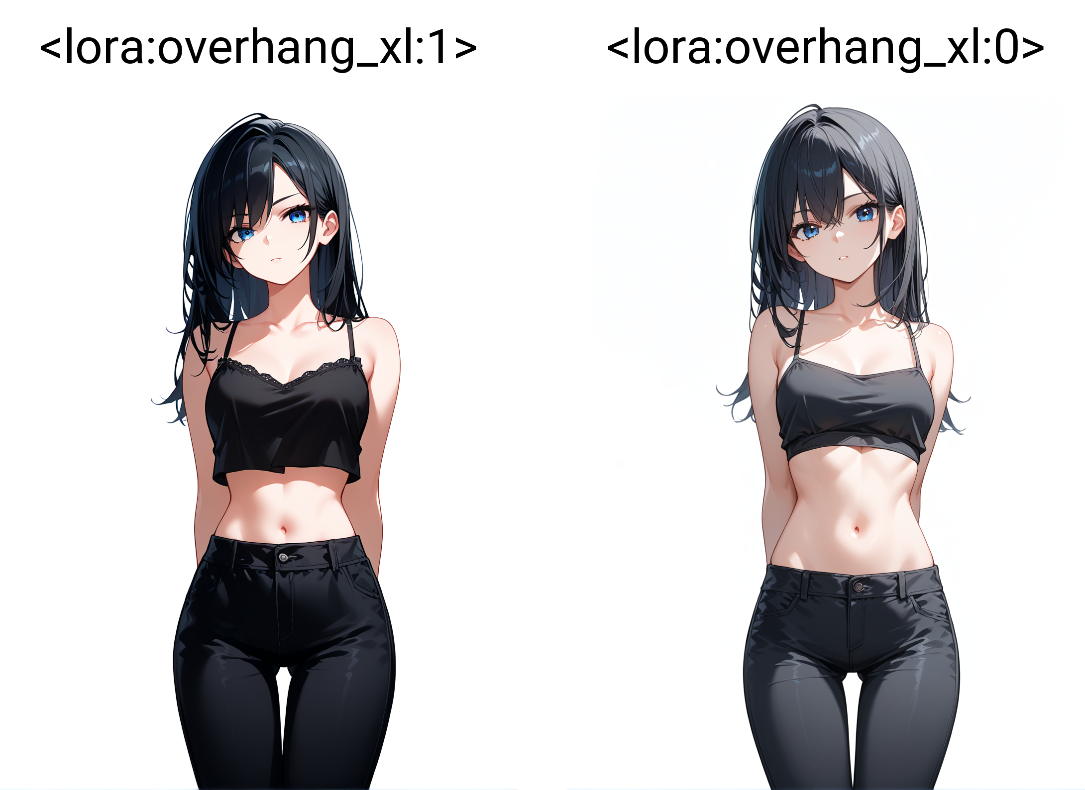 <lora:overhang_xl:1>
score_9, score_8_up, score_7_up, source_anime, 
crop top overhang, 1girl, midriff, camisole, black pants, thigh gap,  (long) black hair, arms behind back, white background, looking at viewer, blue eyes