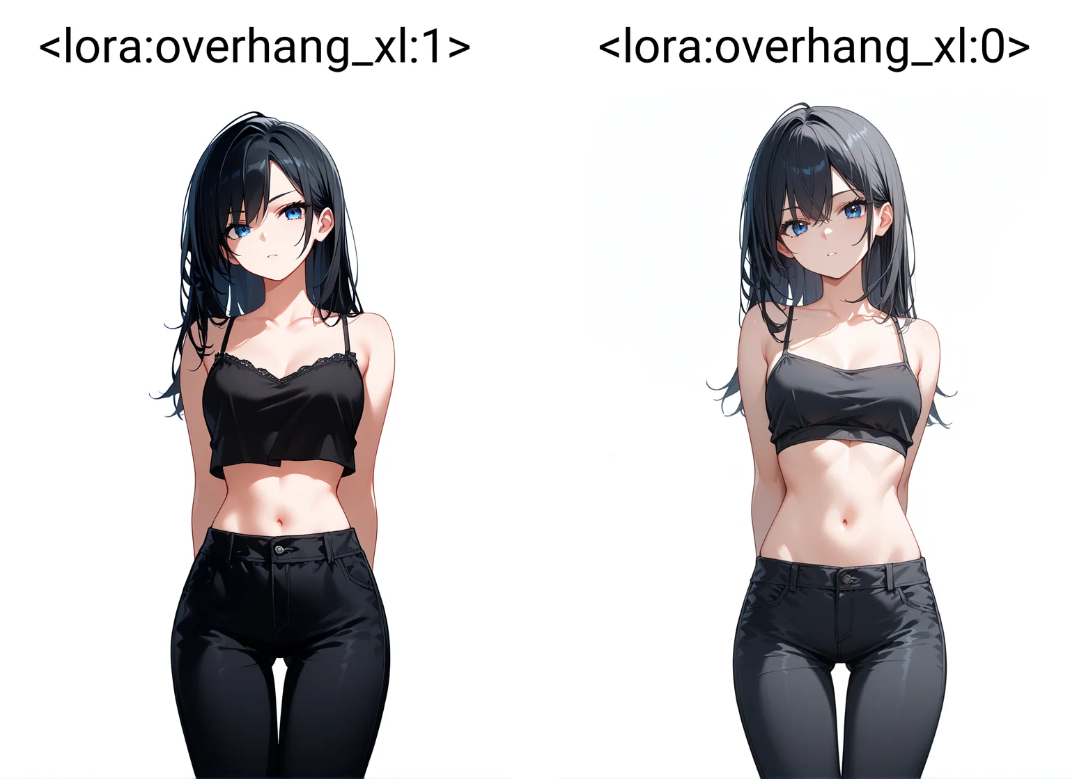 <lora:overhang_xl:1>
score_9, score_8_up, score_7_up, source_anime,
crop top overhang, 1girl, midriff, camisole, black pants, thigh gap, (long) black hair, arms behind back, white background, looking at viewer, blue eyes