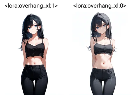 <lora:overhang_xl:1>
score_9, score_8_up, score_7_up, source_anime,
crop top overhang, 1girl, midriff, camisole, black pants, thigh gap, (long) black hair, arms behind back, white background, looking at viewer, blue eyes