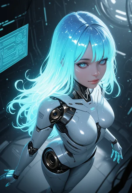 lazypos, science fiction, 1girl, android, holographic interface, glitter, light particles, faint lighting, glowing, ethereal, neon hair, glowing hair, long hair, looking at viewer, relaxing, from above, dynamic angle