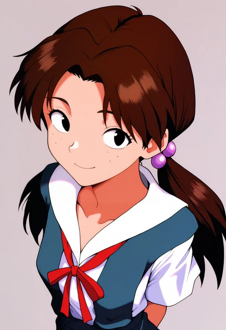 masterpiece, best quality, very aesthetic, absurdres,
1girl, hikari horaki, brown hair, twintails, freckles, hair bobbles, long hair, black eyes,
ribbon, short sleeves, suspender skirt, tokyo-3 middle school uniform,
arms behind back, smile, upper body, looking at viewer, solo, simple background, white background <lora:HikariHorakiNoobXL_byKonan:1>
