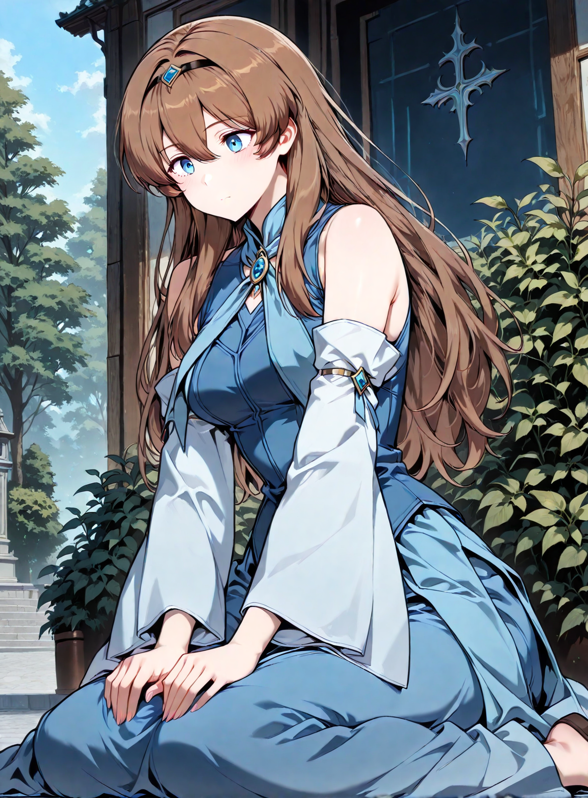 <lora:Anjac_Protesia__The_Knight_King_Who_Returned_with_a_God__Illustrious:1>
brown hair, long hair, hair between eyes, bangs, blue eyes
blue dress,  detached sleeves, hairband, skirt, long dress, wide sleeves, bare shoulders
score_9, score_8_up, score_7_up, masterpiece, best quality, absurdres, perfect anatomy, 1girl, solo, wariza, sitting, hands on own knees, garden background, <lora:iLLMythG0thicL1nes:1>
