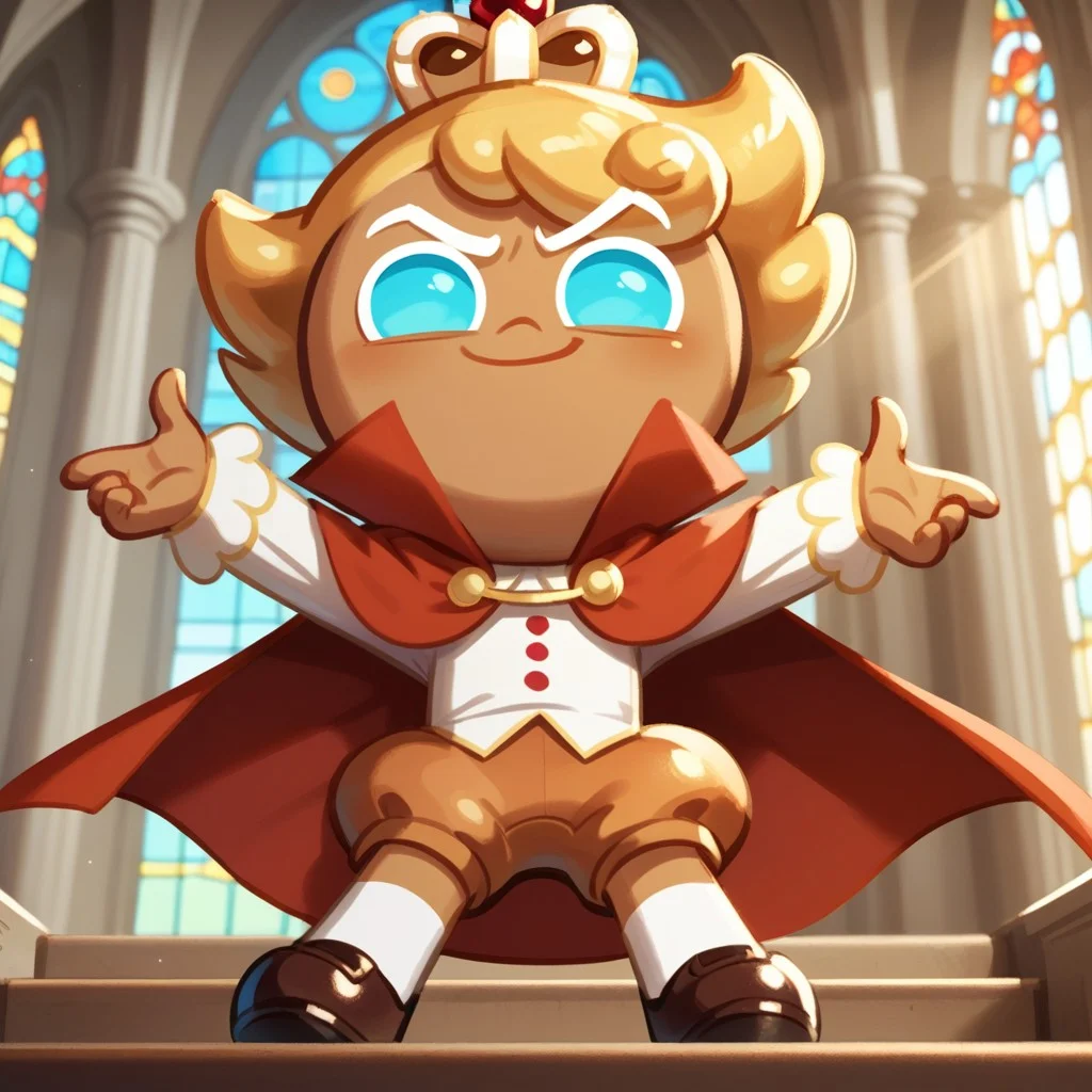score_9, score_8_up, score_7_up, ckcustardiii, male, solo, brown skin, golden blonde hair, azure eyes, white eyebrows, short, crown, white blouse, red cape, puffy brown shorts, brown shoes, standing, smirk, arms outstretched, in front of rose window, light rays, front view, low angle, indoors, cathedral