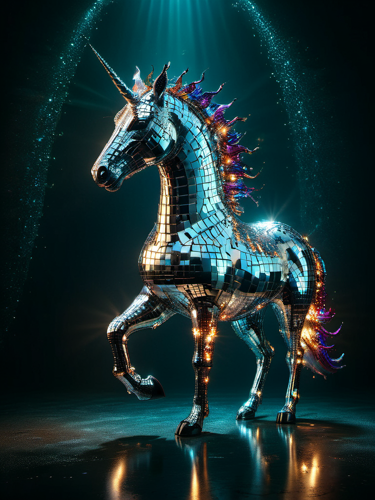 award winning photograph of a mad-dscbll unicorn with radiant grace made of mad-dscbll in wonderland, colorful light reflections, magical, whimsical, fantasy art concept, steampunk, intricate details, best quality, masterpiece, ultra shartp, hyper realistic, realism <lora:Disco_Style_SDXL:0.9>