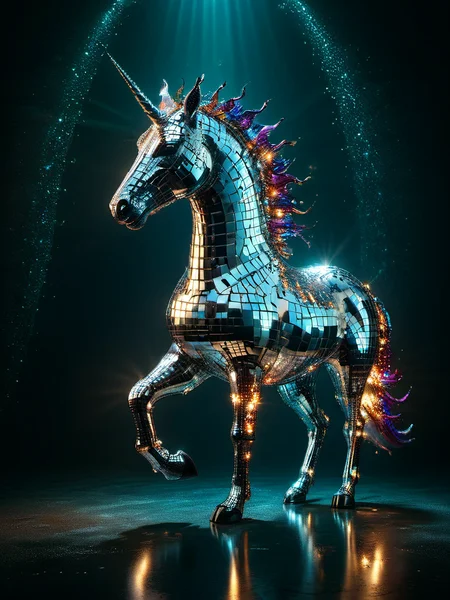 award winning photograph of a mad-dscbll unicorn with radiant grace made of mad-dscbll in wonderland, colorful light reflections, magical, whimsical, fantasy art concept, steampunk, intricate details, best quality, masterpiece, ultra shartp, hyper realistic, realism <lora:Disco_Style_SDXL:0.9>