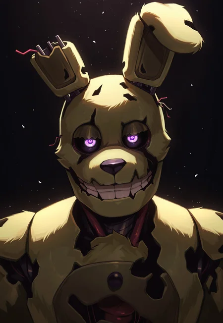 (masterpiece,absurdres,best quality,amazing quality,very aesthetic,absurdres,newest,high resolution,illustration),2024,questionable,nsfw,1boy,solo,fnaf,(springtrap),furry_springtrap,furry,anthro,rabbit,close-up,portrait,purple eyes,black sclera,perfect face,grin,buck teeth,closed mouth,animatronic,male,male focus,detailed background,dark background,no humans,dramatic lighting,detailed,light particles,looking at viewer