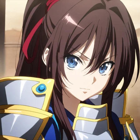 solo,anime coloring,looking at viewer,upper_body,portrait,masterpiece,high score,great score,absurdres,armor,<lora:ShibataKatsuie ag4o:1> shibatakatsuie, brown hair, ponytail, blue eyes,