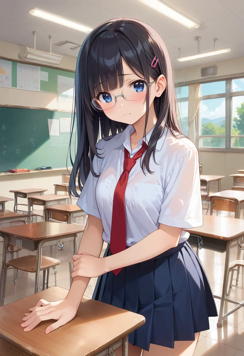 score_9, score_8_up, score_7_up, rating_safe, masterpiece, best quality, absurdres, unity 8k wallpaper, official art, official style, source_anime, uncensored, game cg, megami magazine,
1girl, solo, glasses, black hair, long hair, blue eyes, collared shirt, red necktie, pleated skirt, blue skirt, looking at viewer, blush, embarrassed,
kyoshitsu, classroom, chalkboard, indoors, scenery, school, school desk, school chair, ceiling, window, ceiling light, tiles, sunlight, tile floor, speaker,
<lora:gakkou_kyoshitsu_PONY_V1:1>