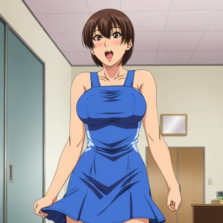 anime artwork of <lora:Watashi ga Toriko ni Natte Yaru style:0.9>
An anime cartoon scene of Shiho a woman in a blue dress standing in a room,1girl,solo,breasts,short hair,open mouth,brown hair,brown eyes,covered nipples , hentai, ova, original video animation, manga, Watashi ga Toriko ni Natte Yaru style, anime style, key visual, vibrant, studio anime, highly detailed