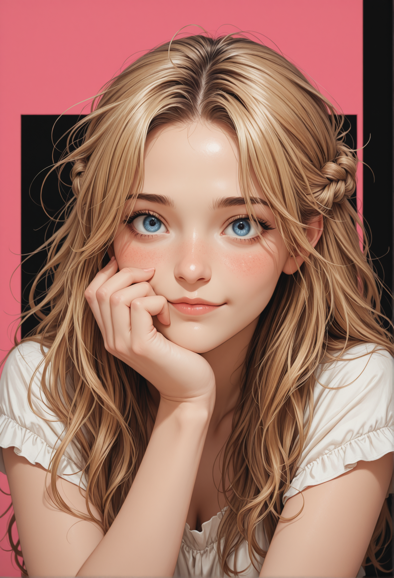 masterpiece, detailed_eyes, high_quality, best_quality, highres, subject_focus, depth_of_field,
woman, blue_eyes, blonde, brown_hair, asymmetrical_bangs, messy_hair, joy, messy_hairdo, hair_over_eyes, long_hair, french_braid, blue_eyes, kitten_smile, thinking, gentle_smile, blush,  looking_at_viewer, 
black_background, border_frame, pink, blue