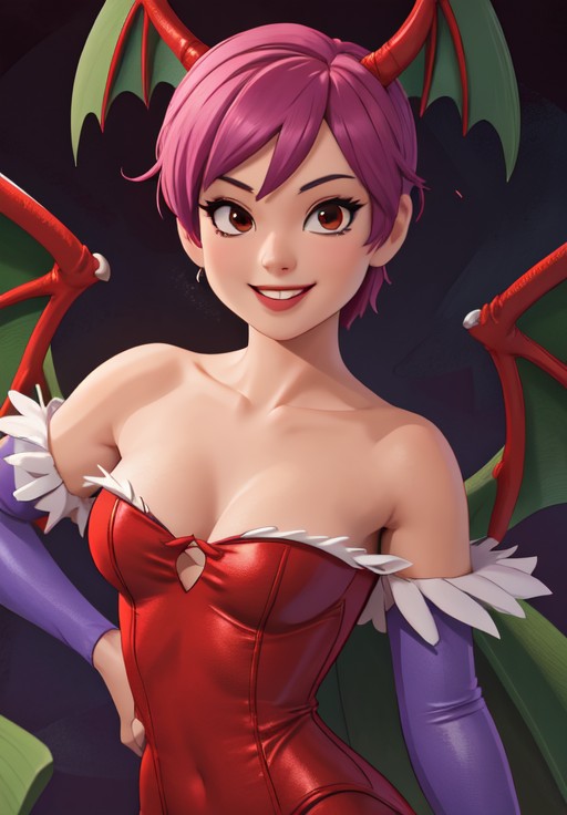 sfw, <lora:darkstalkers_lilith_nai:0.8>, darkstalkers_lilith, portrait, smile, (seductive, alluring, charming:1.3), seductive, (ultra-high res, high details, absurdres:1.3)