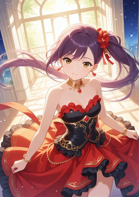 <lora:Liu_IL:1>, purple hair, long hair, side ponytail, bangs, brown eyes, hair ornament, ribbon, mole, mole under eye, jewelry, dress, purple hair, earrings, bracelet, breasts, hair ornament, strapless, scrunchie, frills, strapless dress,,, BREAK
masterpiece, best quality, amazing quality, very aesthetic, absurdres, newest,
<lora:Eyes_High_Definition:0.6>, eyesHD, high gradient eyes, detailed eyes, high definition eyes,
<lora:LECO_Particles:1>,
BREAK, general, dutch angle, oblique view, light smile, dynamic pose,
