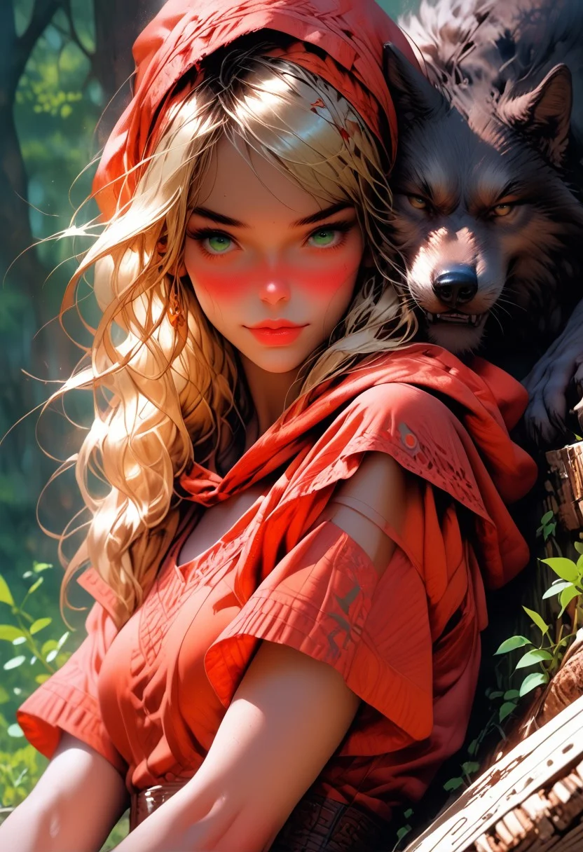 score_9, score_8_up, score_7_up, score_9, score_8_up, score_8, realistic, 19 year old sexy woman, blonde, green eyes, detail eyes, detail face, focus on face, perfect face, Little red riding hood, sitting under a tree, (((huge dark wolf laying beside her))), dark forrest, looking at viewer, she has a wicker basket with a lid beside her, orange brown lether corset , short red mini skirt, skirt floting in wind, big round breast, seductive body, cute sexy pose, petite body, flirtatious look, forest background, 8k detail, detailed face,