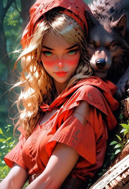 score_9, score_8_up, score_7_up, score_9, score_8_up, score_8, realistic, 19 year old sexy woman, blonde, green eyes, detail eyes, detail face, focus on face, perfect face, Little red riding hood, sitting under a tree, (((huge dark wolf laying beside her))), dark forrest, looking at viewer, she has a wicker basket with a lid beside her, orange brown lether corset , short red mini skirt, skirt floting in wind, big round breast, seductive body, cute sexy pose, petite body, flirtatious look, forest background, 8k detail, detailed face,