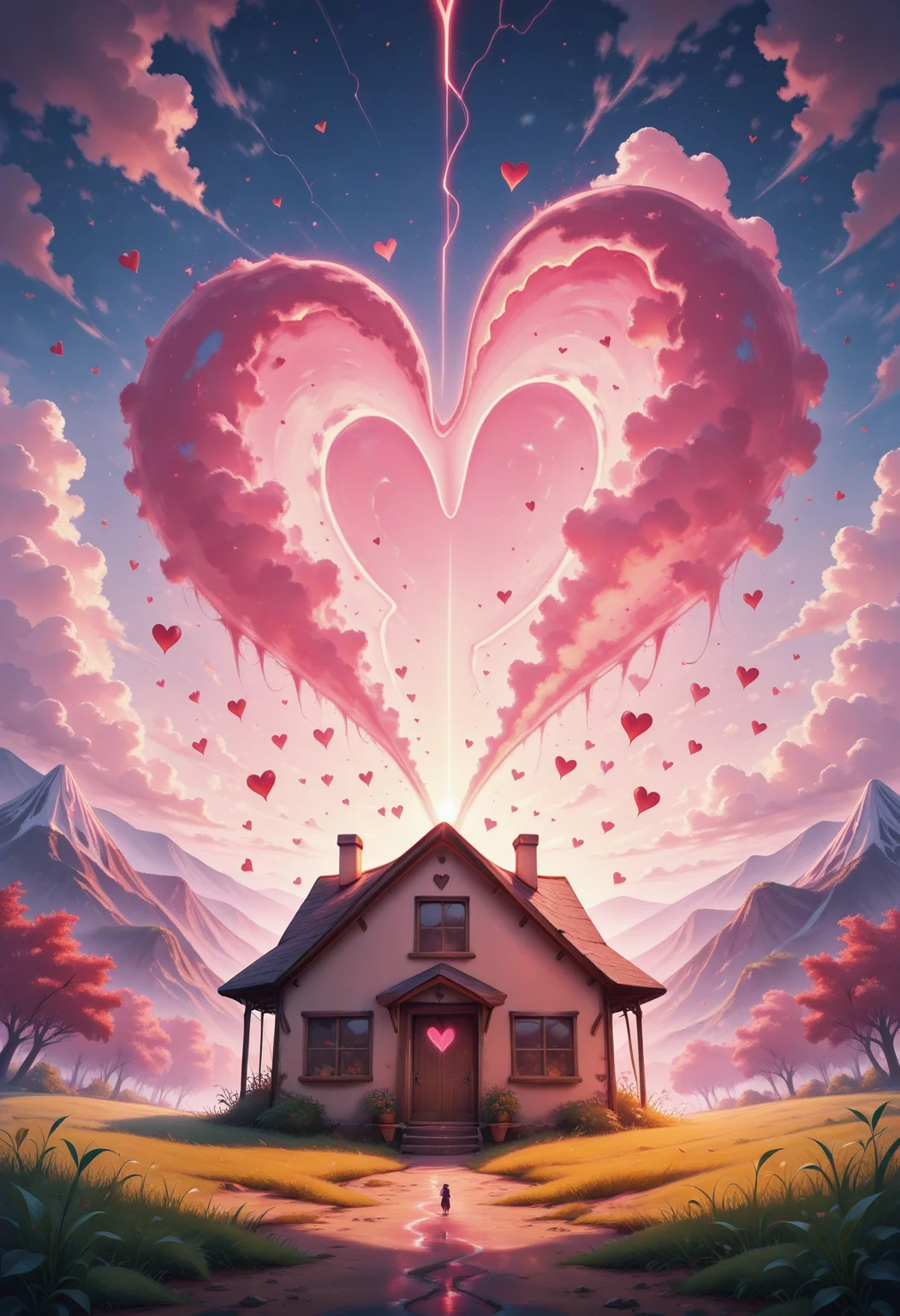<lora:KFT_Romance_Style_Illustrious:1.2> kftlove, absurdres, highly-detailed, best quality, masterpiece, very aesthetic, scenery, house, trees, grass, heart