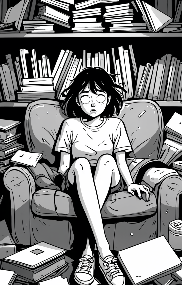 masterpiece,best quality,<lora:tbh373-sdxl:0.6>,illustration,style of exhausted people ,greyscale and white,comic tech genius teenage girl