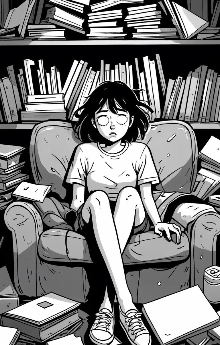 masterpiece,best quality,<lora:tbh373-sdxl:0.6>,illustration,style of exhausted people ,greyscale and white,comic tech genius teenage girl