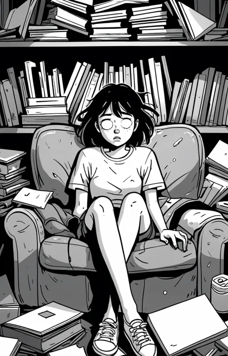 masterpiece,best quality,<lora:tbh373-sdxl:0.6>,illustration,style of exhausted people ,greyscale and white,comic tech genius teenage girl