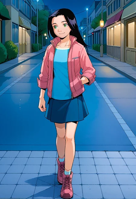 safe_pos, score_8, score_8_up, score_7_up, 1girl, female focus, solo, Caitlin_PP, black hair, long hair, green eyes, small breasts, blue shirt, jacket, pink jacket, zipper, open jacket, sleeve cuffs, skirt, ankle socks, white socks,ankle boots, outdoors, sidewalk, night, walking, smile,