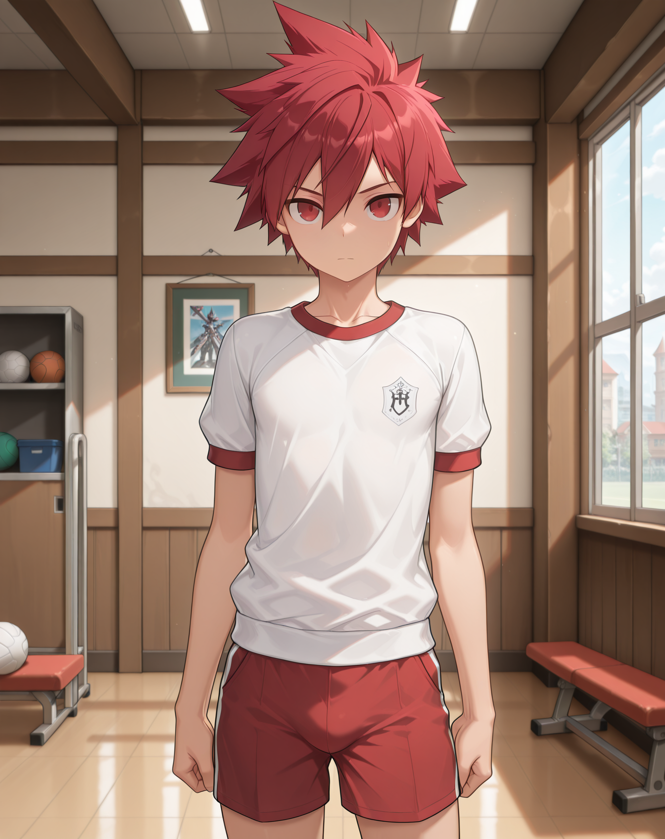 masterpiece,best quality,amazing quality, newest, very aesthetic, absurdres,
1boy, solo, yaoi, male focus, looking at viewer, cowboy shot, standing,
<lora:Elsword_Lord_Knight_ilxl:1> elswordlk, red hair, red eyes, spiked hair, adult, 
gym uniform, gym shorts, gym shirt,
indoors, gym,