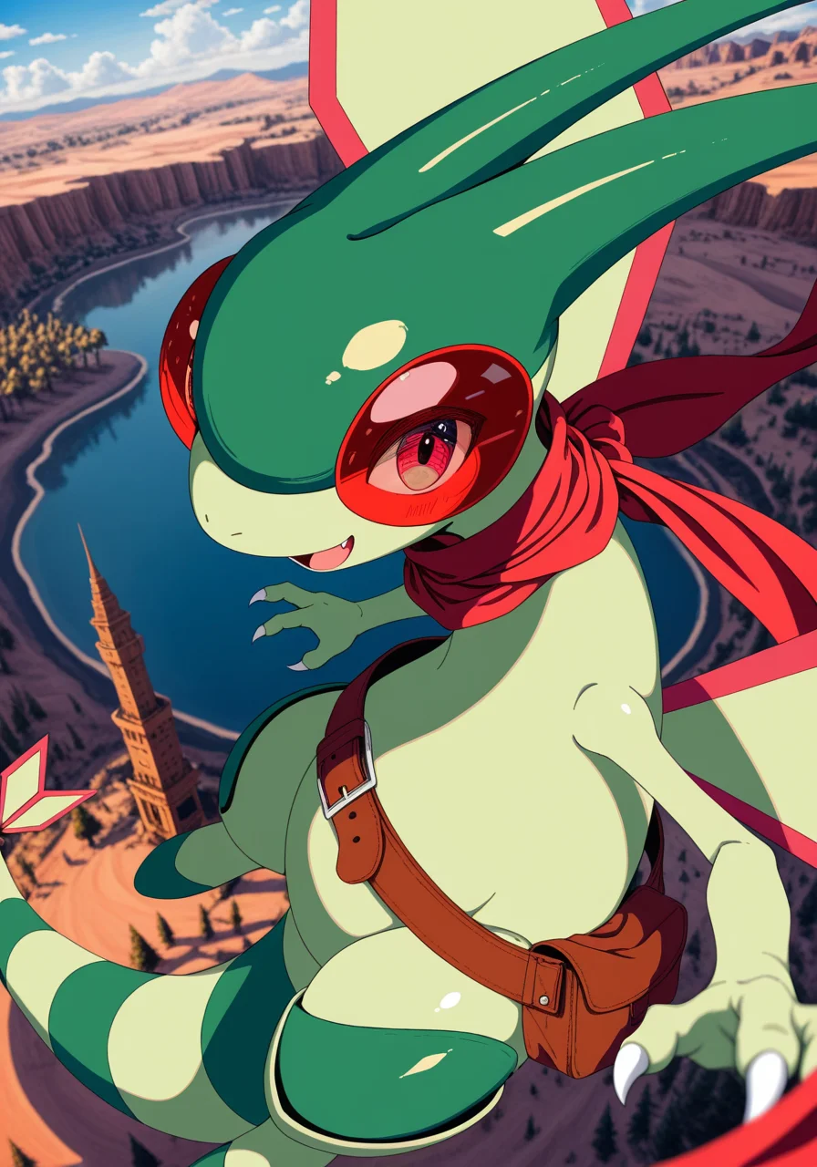 solo furry, no human, flygon, open mouth, flying, happy, young, high-angle view, portrait, looking at viewer, open smile, red scarf, big eyes, brown fanny bag, [side view:foreshortening, selfie:0.25], BREAK, masterpiece, best quality, high quality, [realistic, photorealism, by Rasusurasu:by Darkkanan:0.5], detailed background, detailed foreground, depth of field, [:valley town, desert, sky, cloud, tree, tower, lake:0.15]