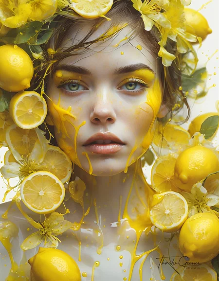 glamorous photo Art by florist Mandy Disher, digital illustration, portrait of a beautiful lady, perfect anatomy, centered, yellow lemon theme, multiple shades of yellow, burst of lemon zest and juice, close to perfection, dynamic, very detailed, watercolor, ArtStation, concept art, blur, sharp focus, illustration, Carne Griffiths, Wadim Kashin. . high fashion, luxurious, extravagant, stylish, sensual, opulent, elegance, stunning beauty, professional, high contrast, detailed <lora:MJ52.safetensors:0.60>