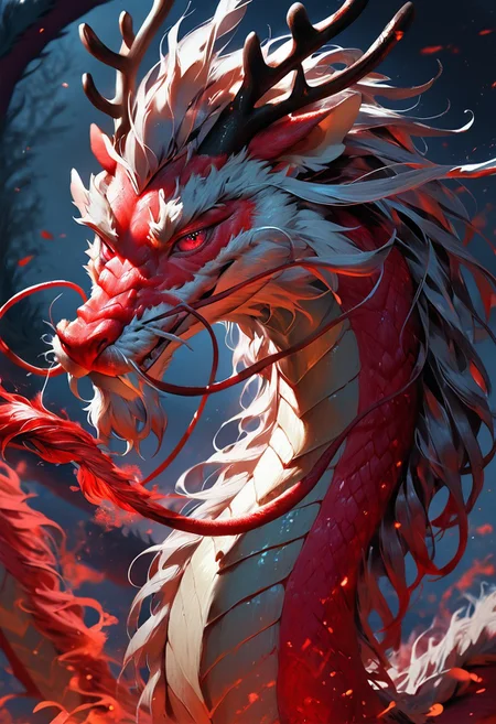 score_9, score_8_up, score_7_up, masterpiece, ultra-realistic 8k, (best quality), (lots of details), (intricate details), perfect digital painting, detailed painting, intricate, realistic textures, (evil, malevolent), Eastern dragon, glowing red eyes, celestial mane, whiskers, (Eastern dragon: 1.8), looking at viewer, night, highres textures, (((eastern dragon, black and red magic:1.5)))