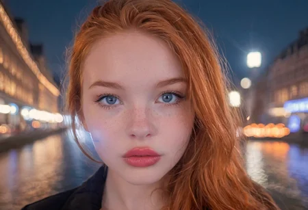 UHD, 8K, ultra detailed, a cinematic photograph of (EuroBabe, ginger, teen, Eastern, blue eyes, glossy lipstick, dusk, city lights, bokeh), beautiful lighting, great composition
