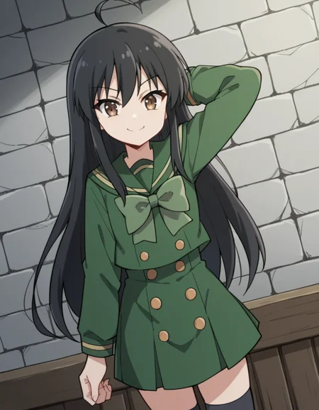 score_9, score_8_up, score_7_up, source_anime, <lora:shakugan-no-shana-s3-ponyxl-lora-nochekaiser:1>, shana, long hair, black hair, brown eyes, ahoge, sidelocks,, school uniform, serafuku, green serafuku, bowtie, green bowtie, green shirt, green sailor collar, long sleeves, green skirt, buttons, thighhighs,, prison cell, bars, bed, stone walls, isolation, smile, hand behind head, , looking at viewer, solo,, dutch angle, cowboy shot