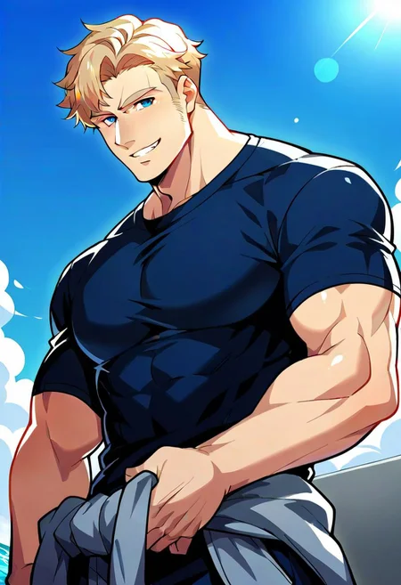 score_9, score_8_up, score_7_up, score_6_up, source_cartoon, male focus, solo, mature, masculine, manly, hunk, tone, large pecs, bara, simple background, Lewis Smith, blond hair, short hair, sideburns, blue eyes, look at viewer, smile, (pure black undershirt:1.4), short sleeves, (gray jumpsuit around waist, Half off Jumpsuit), (perfecteyes), on flight deck of aircraft, day, blue sky, ocean